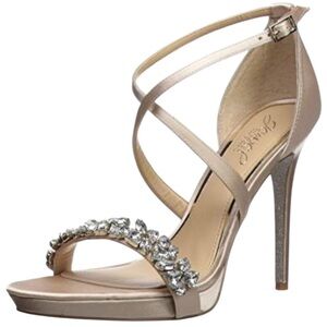 BADGLEY MISCHKA JEWEL Dany Champagne Satin Strappy Rhinestone Stiletto Heels, 8